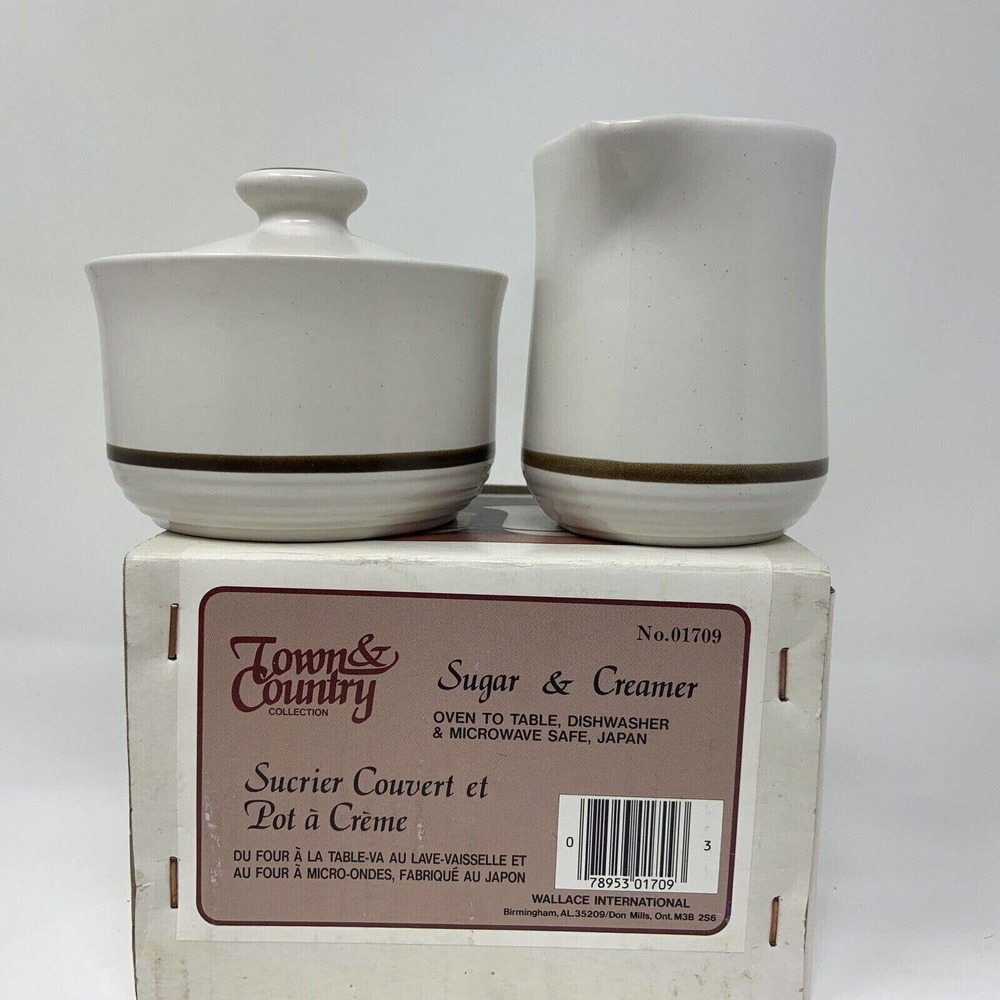 Vintage Brown White Pottery Stoneware Town & Country Creamer Sugar Bowl